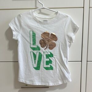 Old Navy White Short-Sleeve Tee with Green 'LOVE' Graphic and Gold Clover